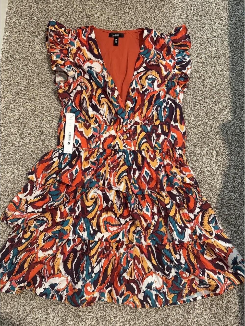 AQUA Ruffled Sleeve V-Neck Multicolor Abstract Tiered Mini Dress Size m